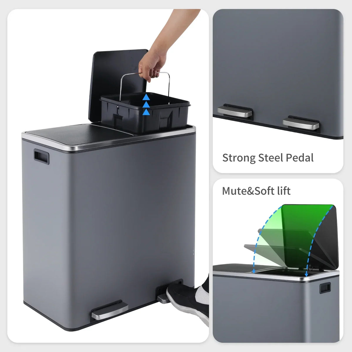 2026 NewLAZY BUDDY Dual Garbage Can, Stainless Steel 16 Gallon Step Kitchen Trash Can with Soft-Close Lid, Double Compartment Garbage Recycling Bin
