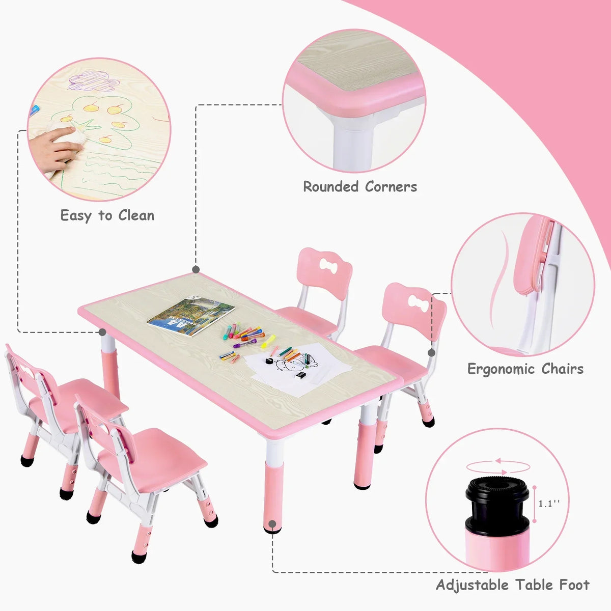 2026 NewLAZY BUDDY Kids Table and 4 Chairs Set, Height Adjustable Toddler Desk with Graffiti Desktop, Kids Activity Table Set for Daycare, Home