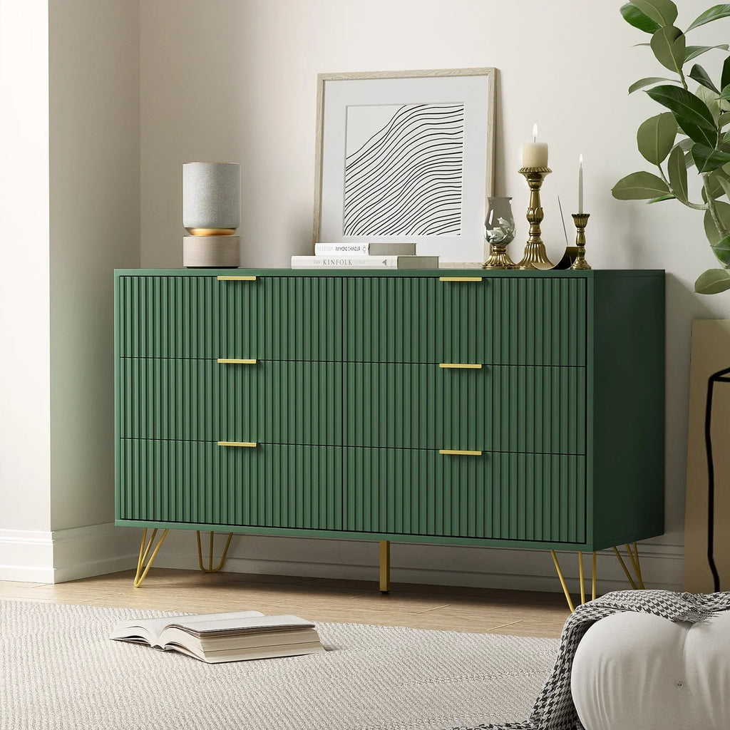 2026 NewFURNIWAY White 6 Drawer Dresser for Bedroom, Modern Dresser with Gold Metal Handles,Fluted Wood TV Stand for Living Room, Hallway