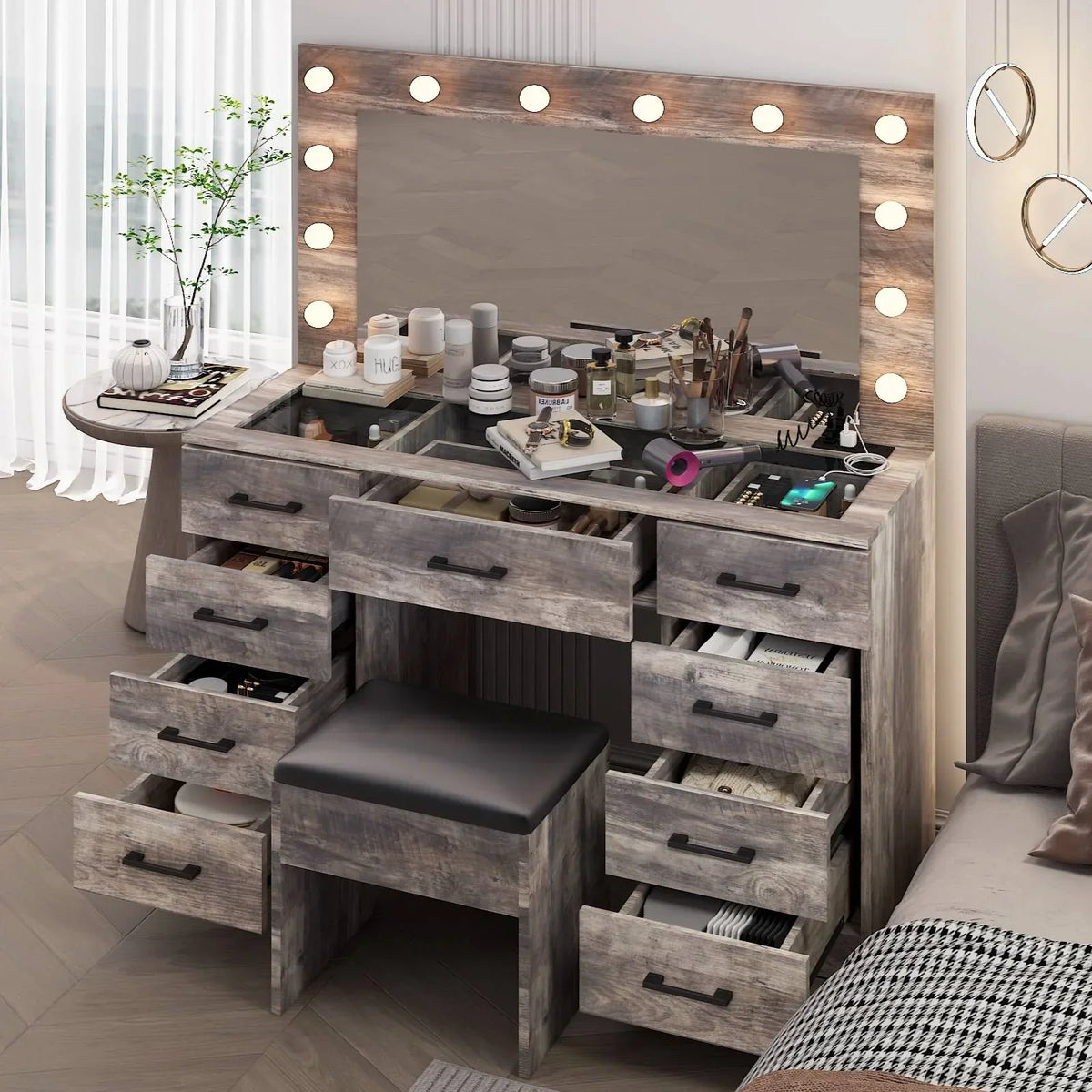 2026 NewKtaxon Large Makeup Vanity, Vanity Table Set w/ Visible Glass Top w/ Charging Station, White