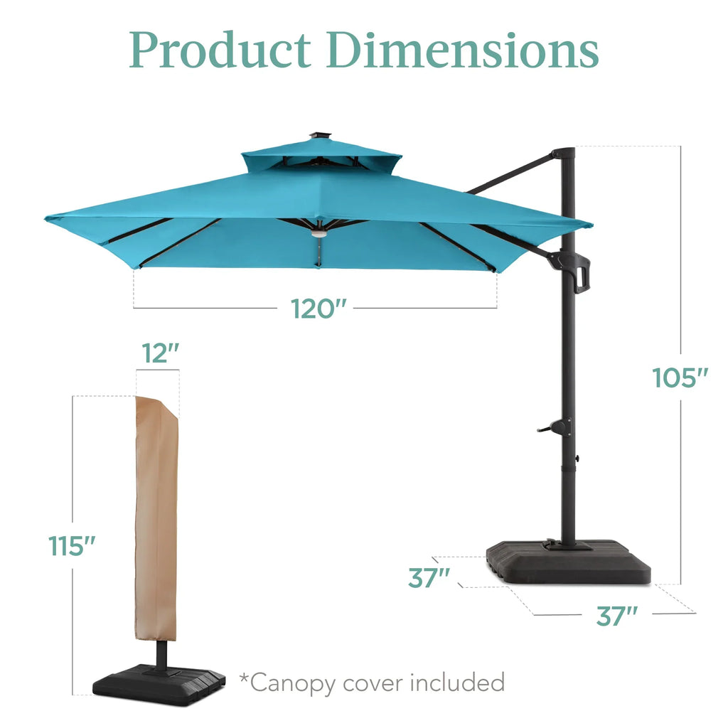 2026 NewBest Choice Products 10x10ft 2-Tier Square Outdoor Solar LED Cantilever Patio Umbrella w/ Base Included - Tan