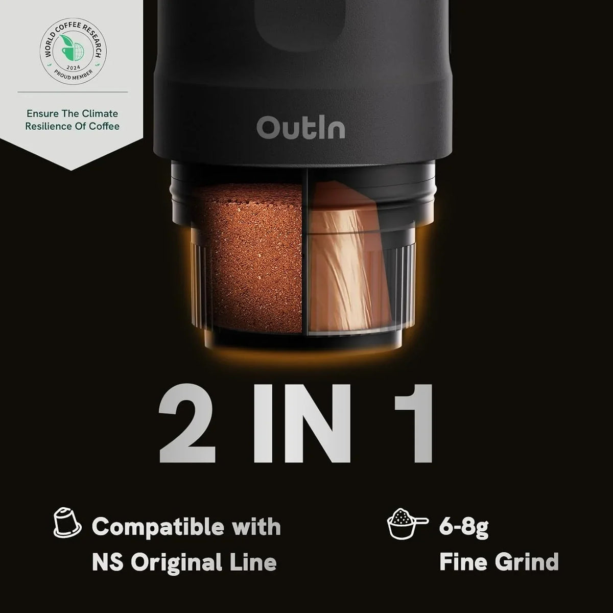 2026 NewOutIn Nano Portable Electric Espresso Machine, Travel Coffee Maker for Camping, Car Coffee Maker Self-Heating with USB-C, With Ground Coffee & NS Capsule for RV, Hiking, Office