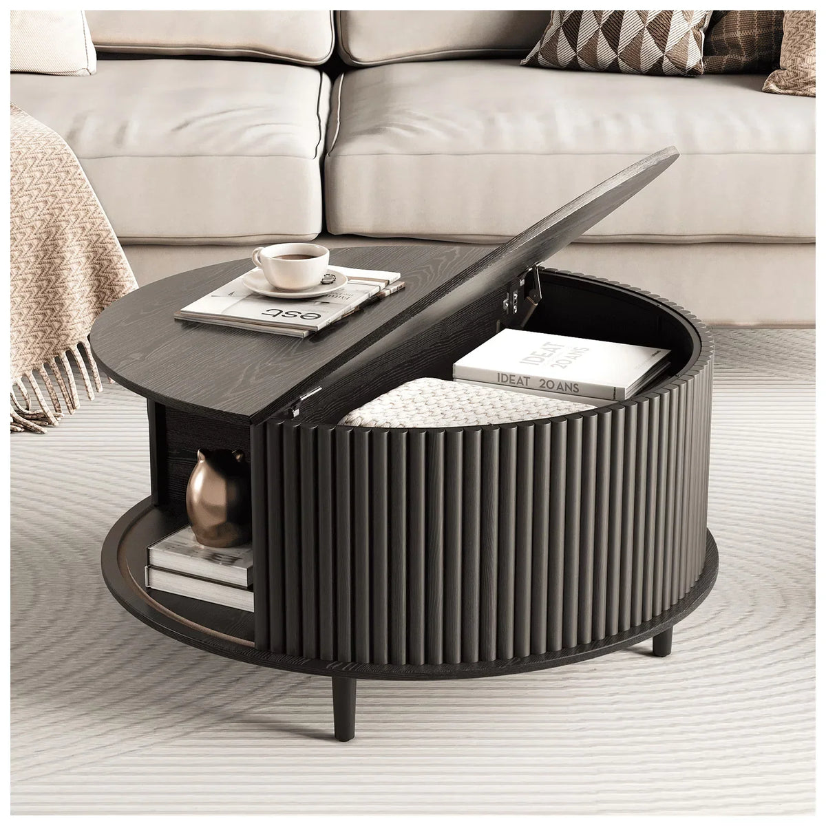 2026 NewJOINICE Round Coffee Table with Storage and Sliding Door,Mid Century Modern Wooden Center Table,for Living Room,Walnut