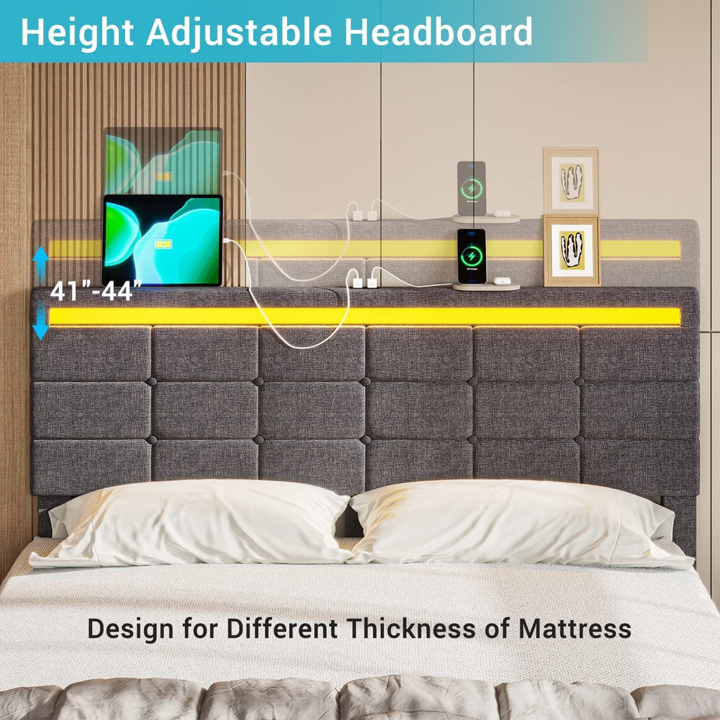 2026 NewFull Size Bed Frame with 4 Storage Drawers, Platform Bed Frame with 2 USB Ports, Upholstered Bed with LED Headboard Footboard, Square Stitched Button Tufted Design, Dark Grey