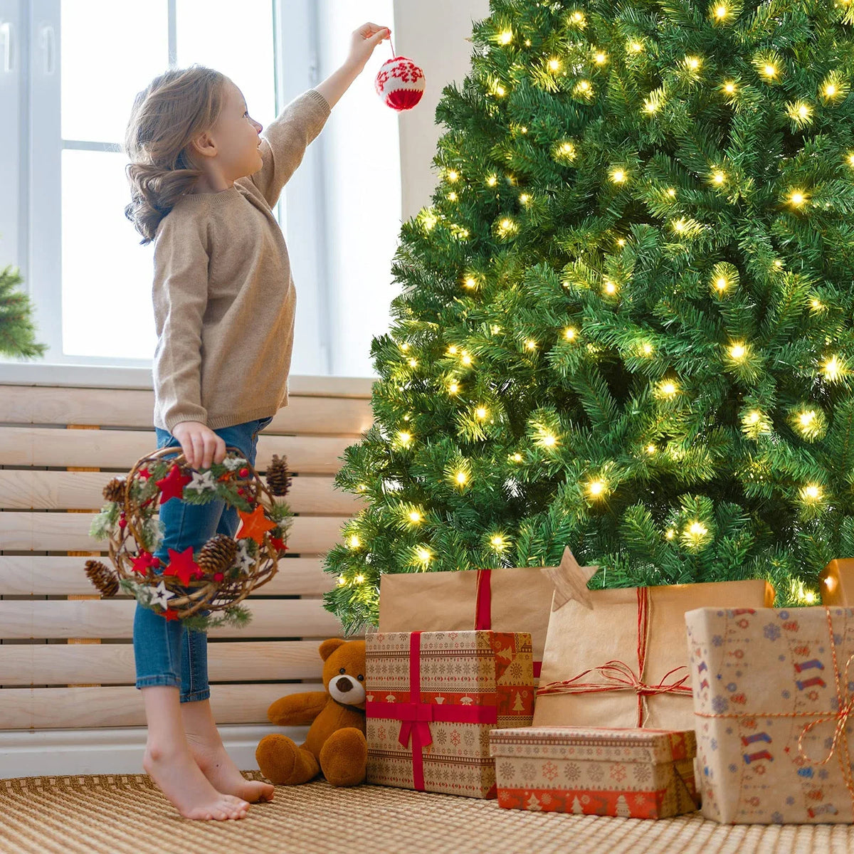 2026 NewVebreda 6FT Pre-Lit Artificial Christmas Tree with 300 Warm White LED Lights, Hinged Branch Design, Eco-Friendly PVC Needles & Foldable Metal Stand for Home, Office & Holiday D"cor