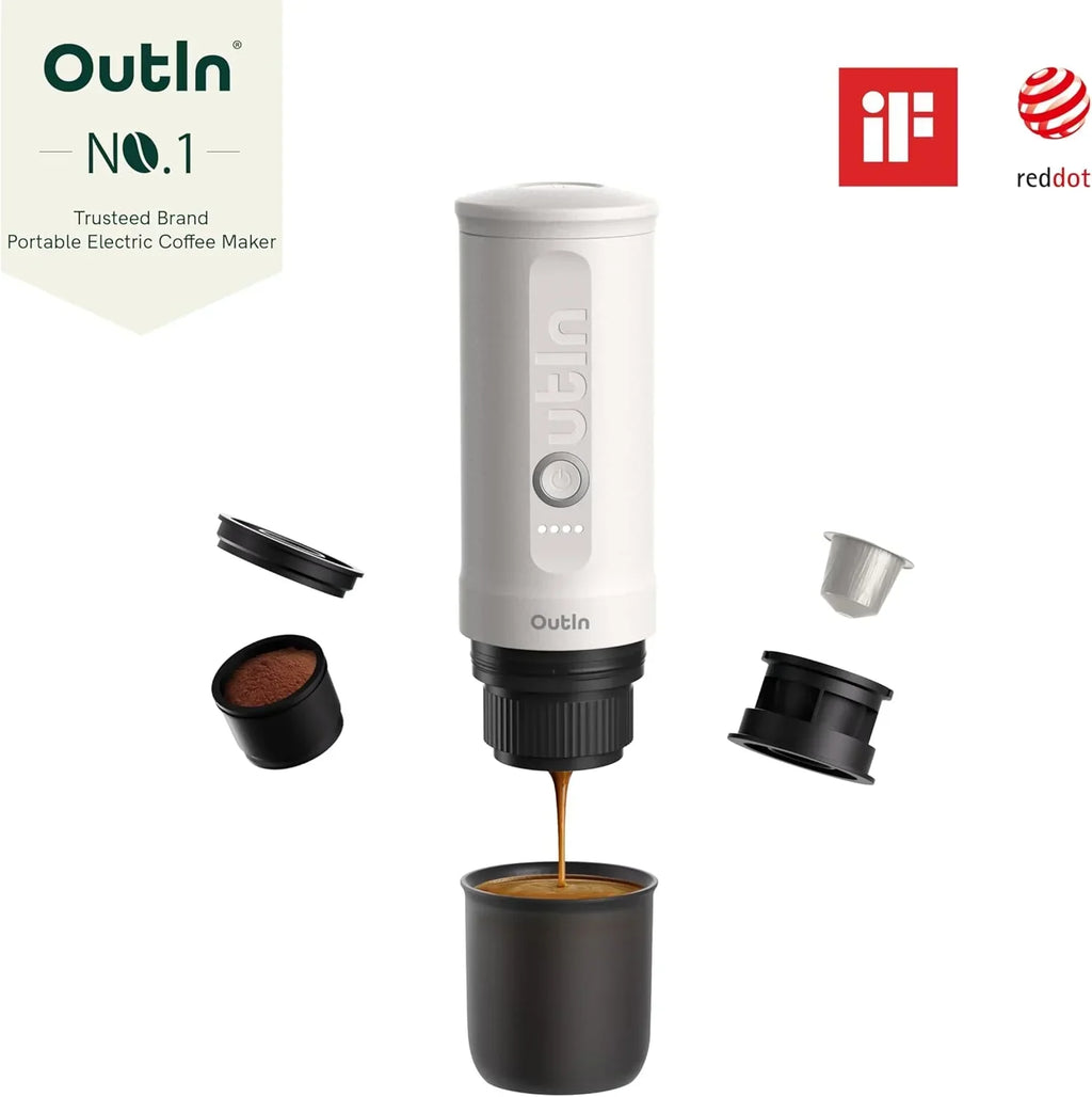 2026 NewOutIn Nano Portable Electric Espresso Machine, Travel Coffee Maker for Camping, Car Coffee Maker Self-Heating with USB-C, With Ground Coffee & NS Capsule for RV, Hiking, Office