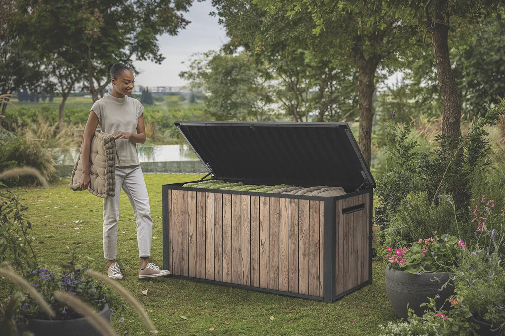 2026 NewKeter Signature 170 Gallon Durable Resin Outdoor Deck Box Storage Organization, Pine