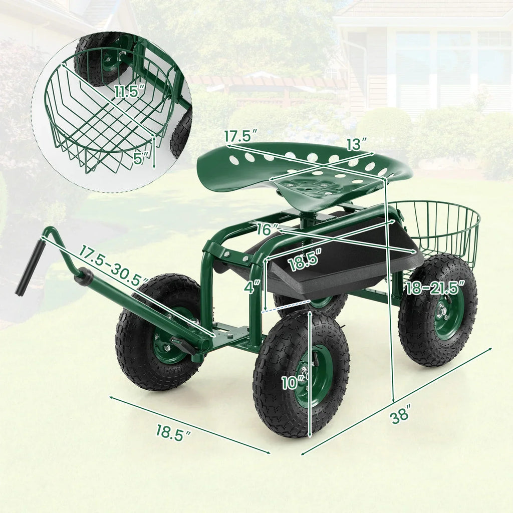 2026 NewCostway Garden Cart Rolling Work Seat for Planting with Extendable Handle Green