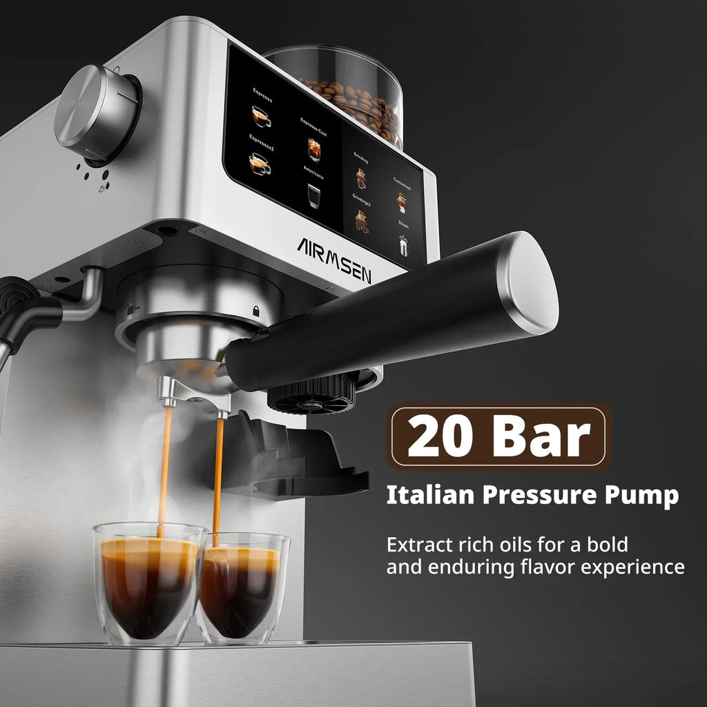 2026 NewAIRMSEN Espresso Machine with Grinder, Espresso Coffee Machine with Customized Grind Amount & Coffee Volume, Cold Brew Coffee Maker for Cappuccino Latte Americano, Brushed Stainless Steel