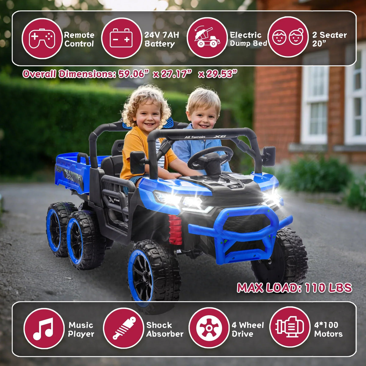 2026 NewXuanlur 24V 2 Seater Kids Ride on Car Truck, Ride on UTV W/ 2x200W Motor, 24 Volt Ride on Toys W/ Dump Bed/Shovel, Electric Car for Kids W/ Durable Tires, LED Light, Music, Remote Control, Black