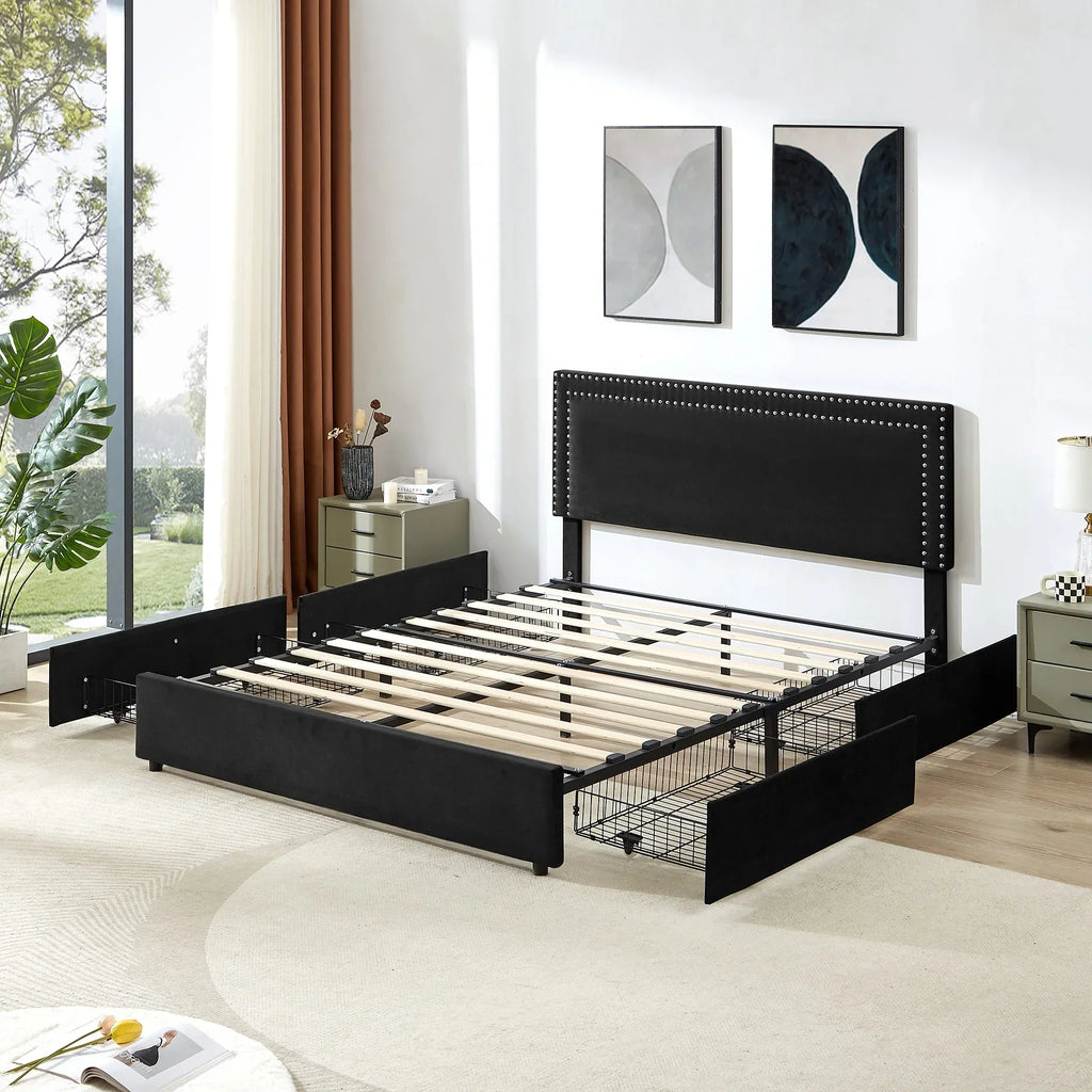 2026 NewVECELO Full Bed Frame with 4 Storage Drawers (Wheeled) and Tufted Upholstered Adjustable Headboard Platform Bed, Beige