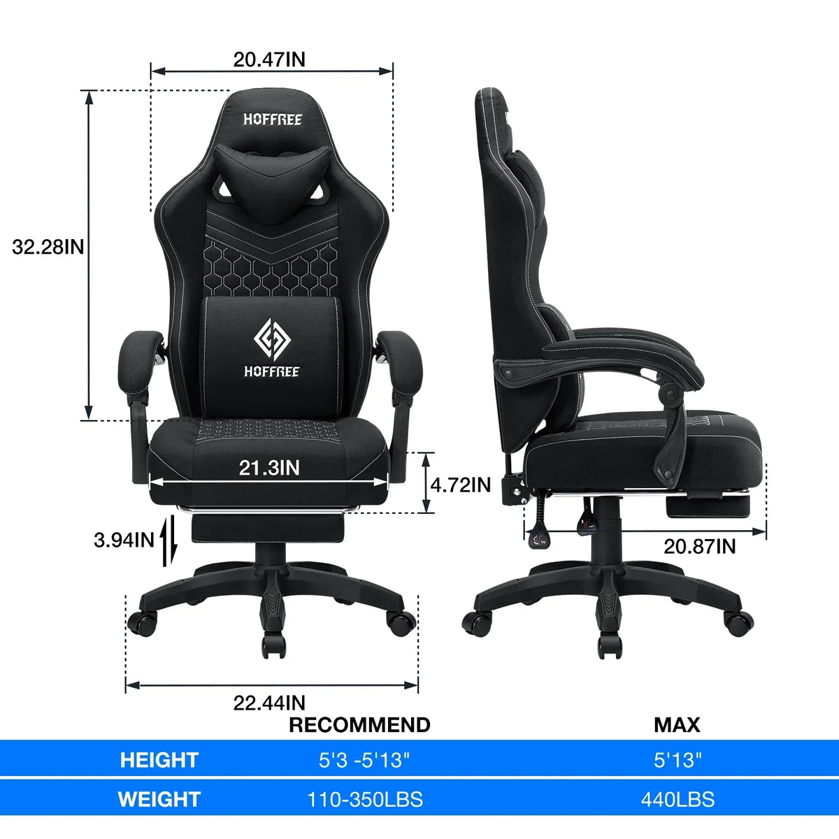 2026 NewHoffree Gaming Chair with Massage Fabric Office Chair with footrest for Adults, Ergonomic Gamer Chair with Headrest and Lumbar Support for Office Gaming, 440 LBS