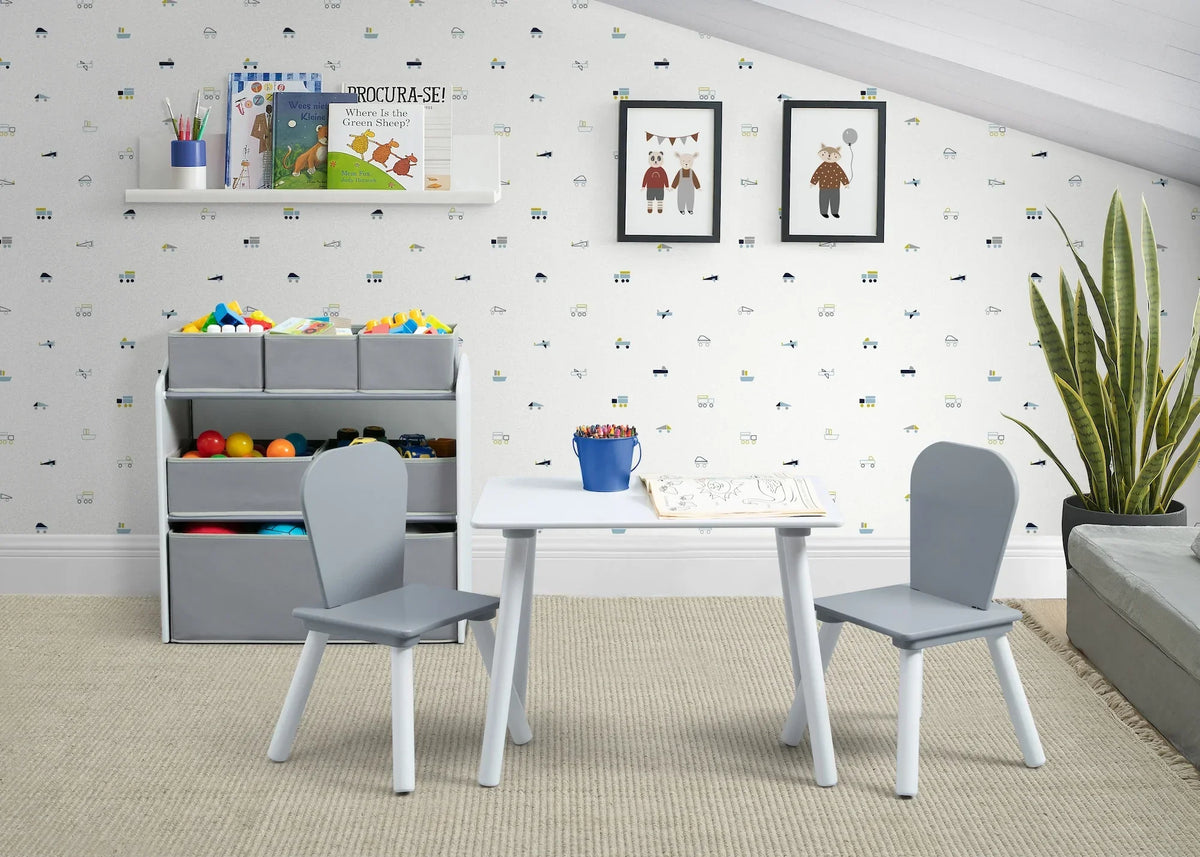 2026 NewDelta Children 4-Piece Toddler Playroom Set �C Includes Play Table, 2 Chairs and 6 Bin Toy Organizer with Reusable Vinyl Cling Stickers, Light Pink/Dark Pink