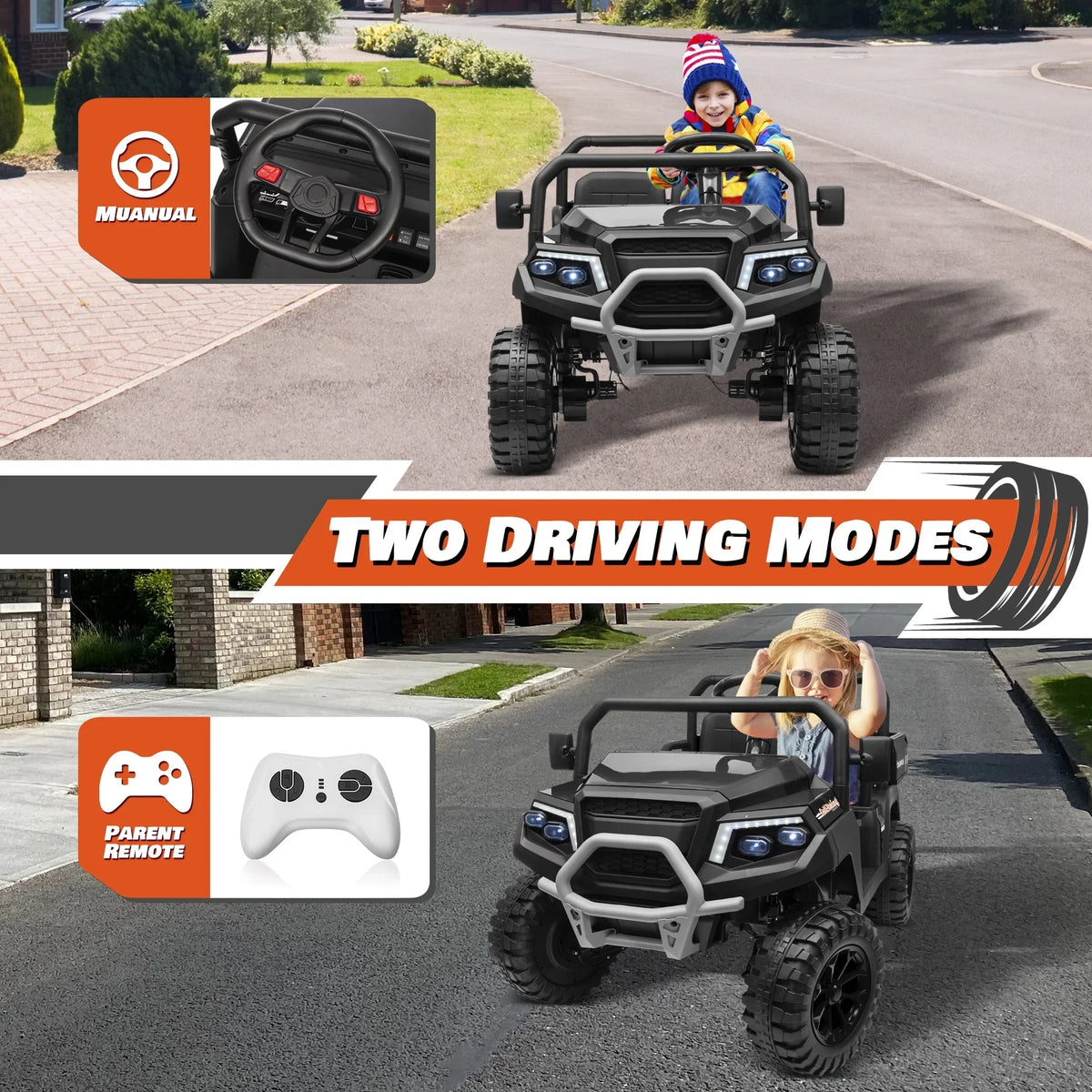 2026 NewJoyracer 4WD 24 Volt Ride on Toys UTV with 2 Seater & Remote Control, Kids Electric Golf Cart w/ 4x200W Power Motors, Tiltable Trailer & Shovel, 4 Wheels Spring Suspension, Bluetooth USB Music, Black