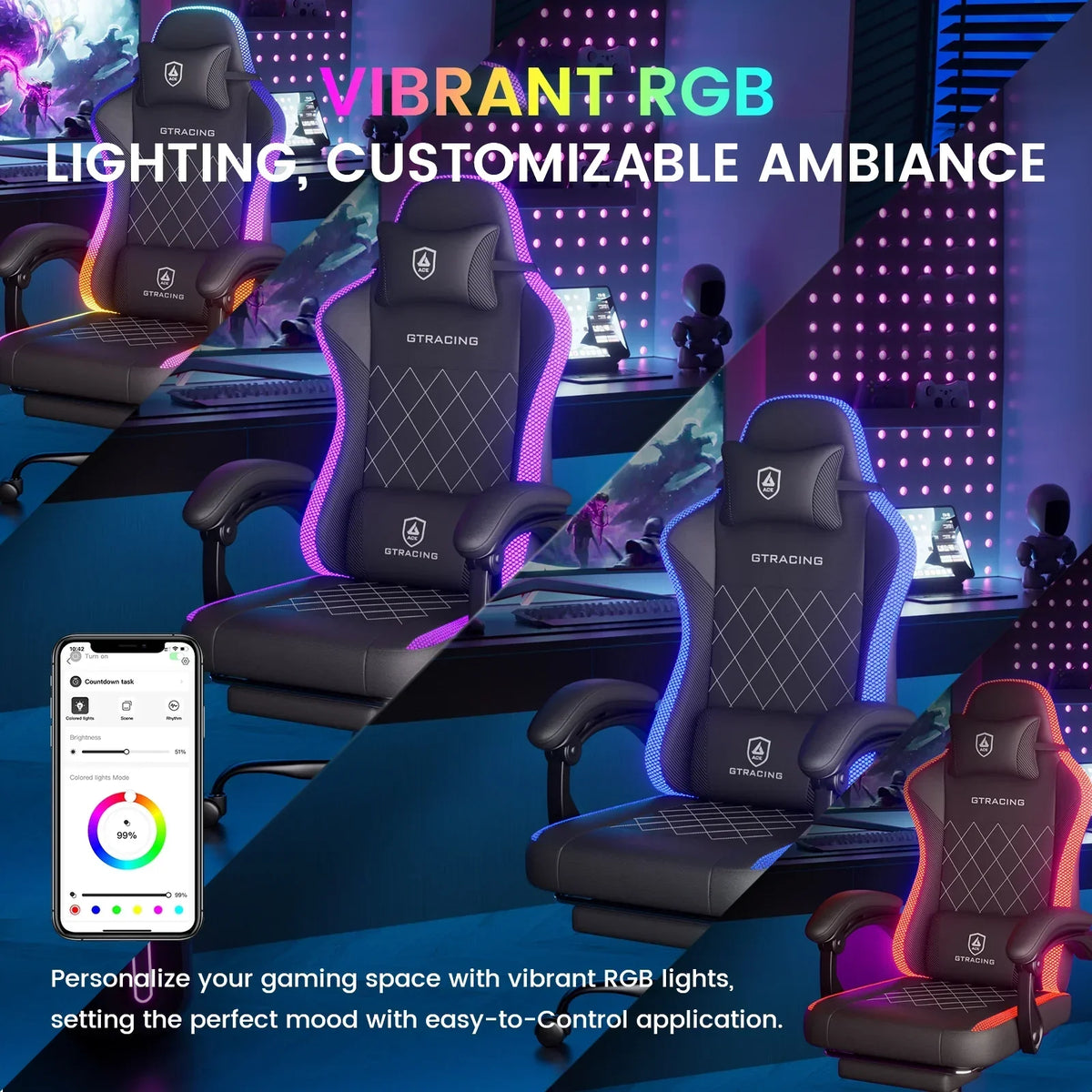 2026 NewGTRACING RGB Ergonomic Gaming Chair with Massage, LED Lights, Footrest, Lumbar Support and Backrest, Black