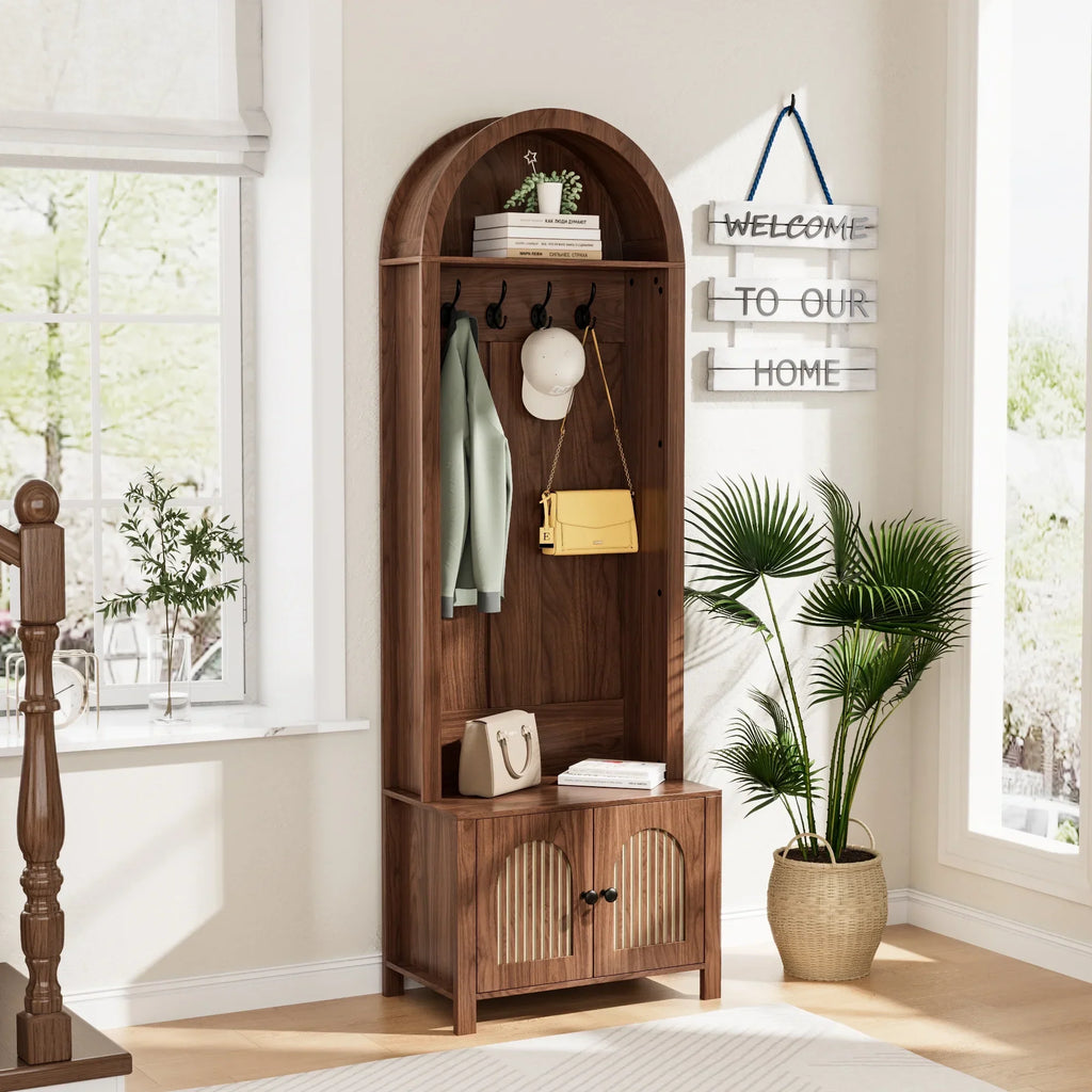2026 NewLUCKYELF Hall Tree with Shoe Storage, Entryway Bench with 4 Hooks and 2 Doors, Arch Coat Rack Cabinet for Hallway