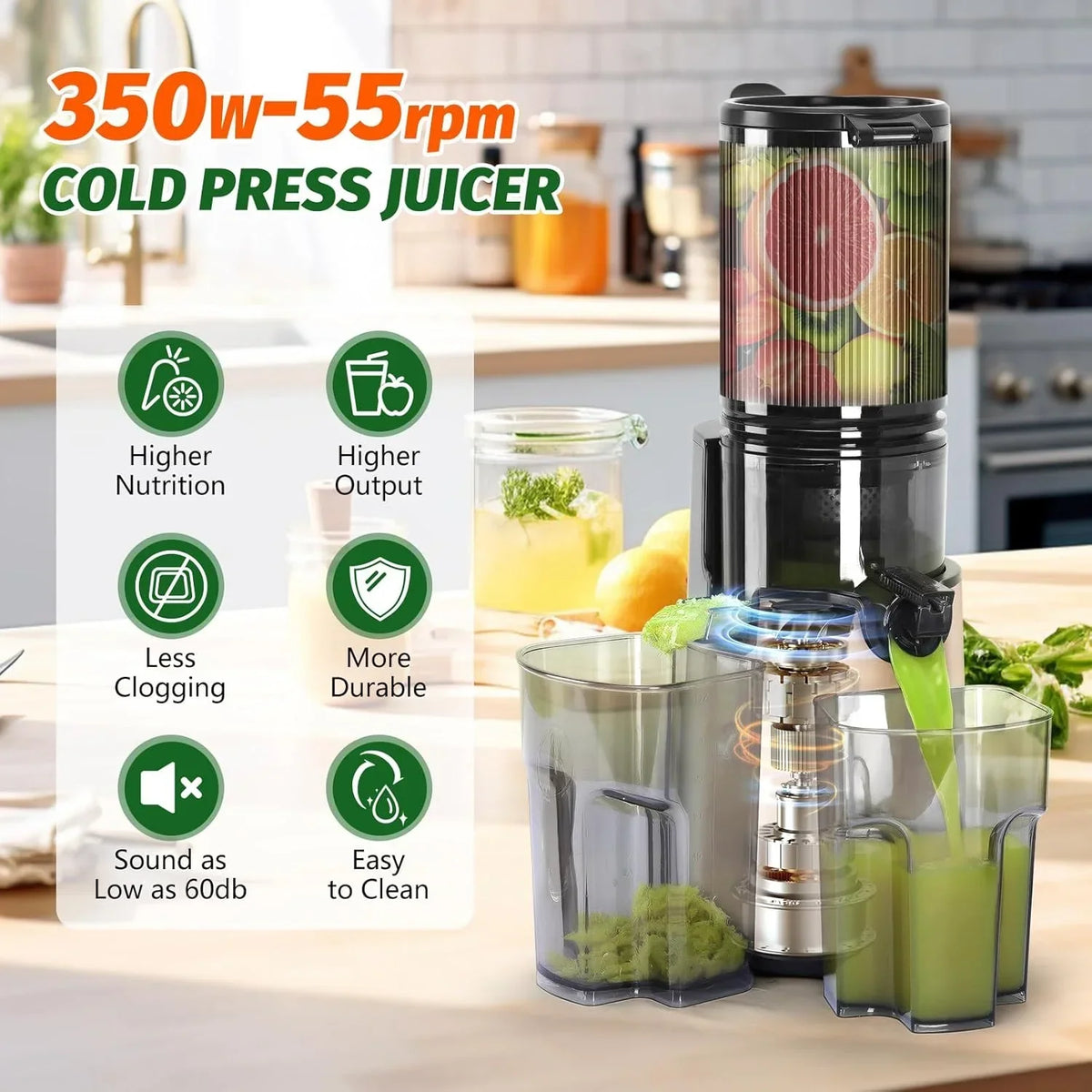 2026 NewYPONE Cold Press Juicer, Masticating Juicer with 5.4" Wide Feed Chute, 350w Slow Juicer Machines Fit Whole Vegetables and Fruits,Juice Extractor Machine with High Juice Yield, Easy to Clean(Black)