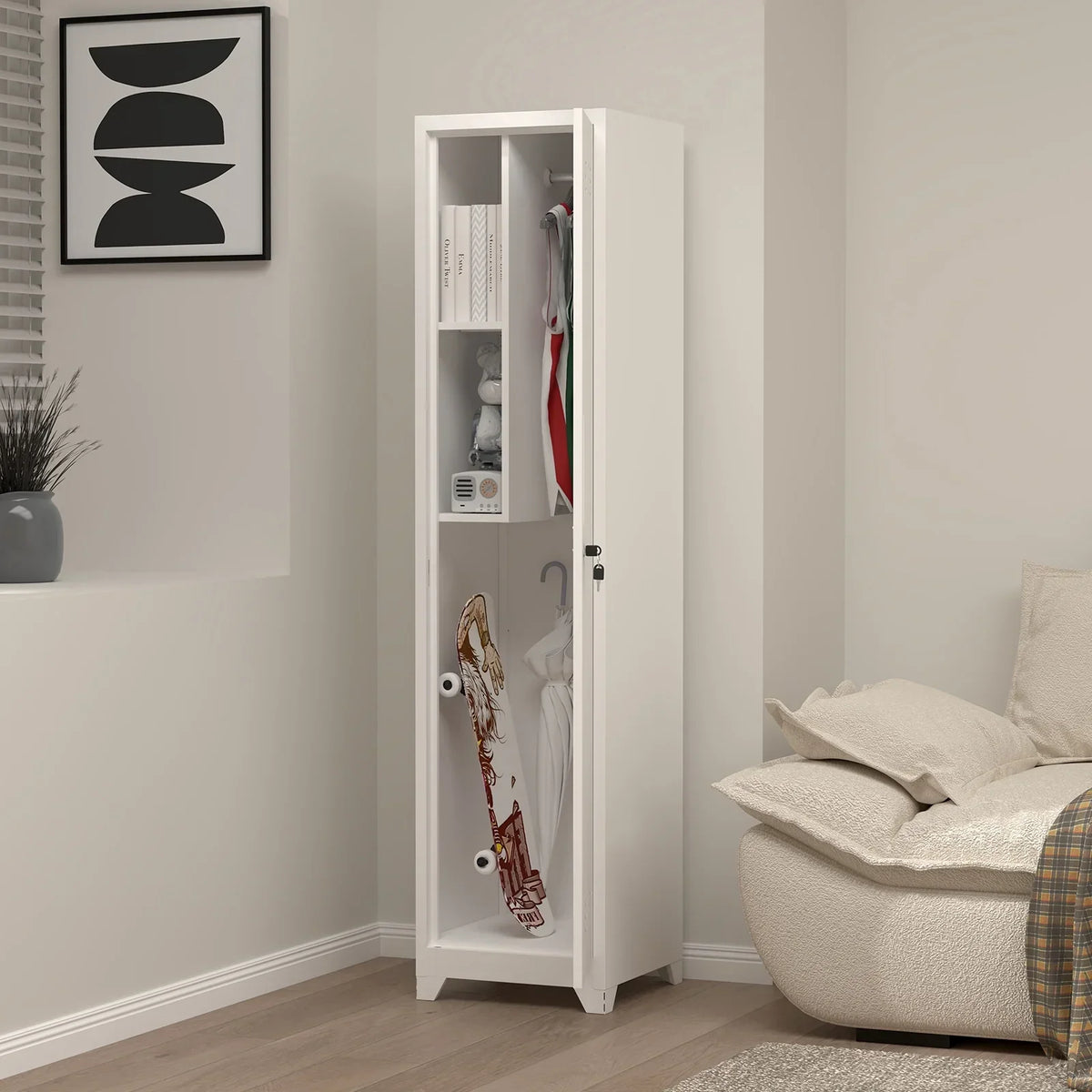 2026 NewMarcree Slim Broom Storage Cabinet, Metal Cabinet with Shelves and Hanging Rod, 65" Utility Storage Cabinet with Locking Door, Tall Cleaning Storage Cabinet for Kitchen, Pantry, Office, Shop, Garage
