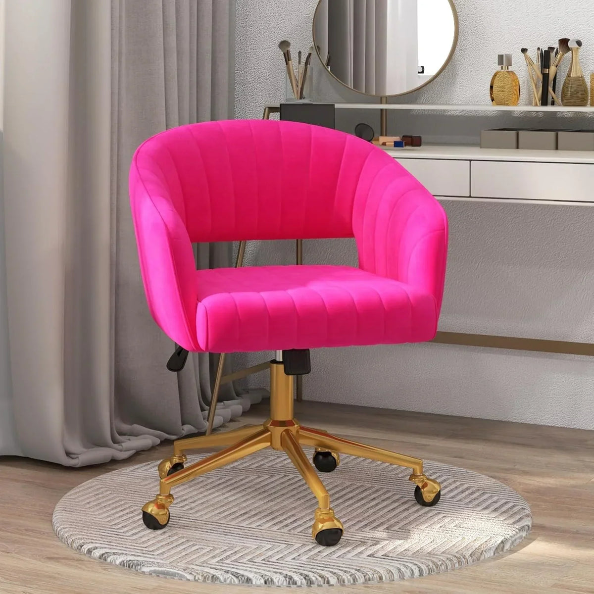 2026 NewHome Office Swivel Desk Chair, Modern Velvet Vanity Chair, Height Adjustable Armchair with Gold Base, Ergonomic Office Chair for Task Study Computer Room, Beige