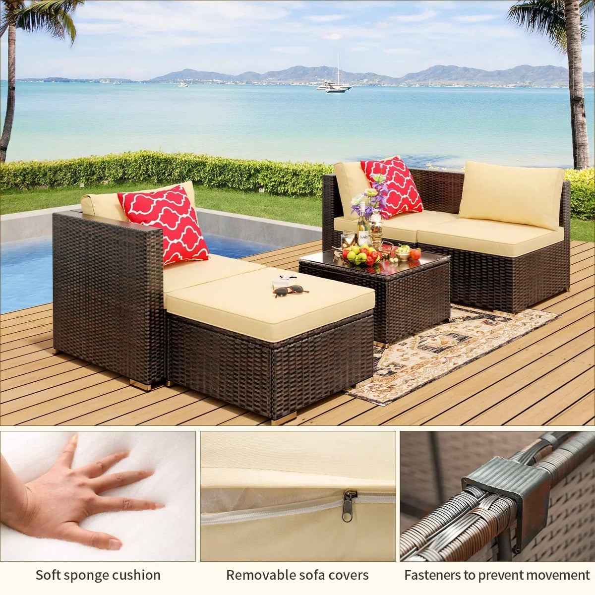2026 NewPatio Furniture Set Clearance, Lofka 5 Piece Outdoor Sectional Furniture Chair Set with Cushions and Tea Table, Gray