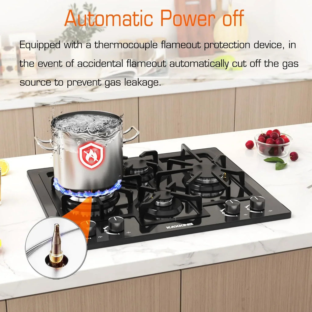 2026 New24 Inch Black Gas Cooktop - Built-in Dual Fuel Natural Gas & Propane Stove - 4 Burner Convertible Cooktop with Thermocouple Protection