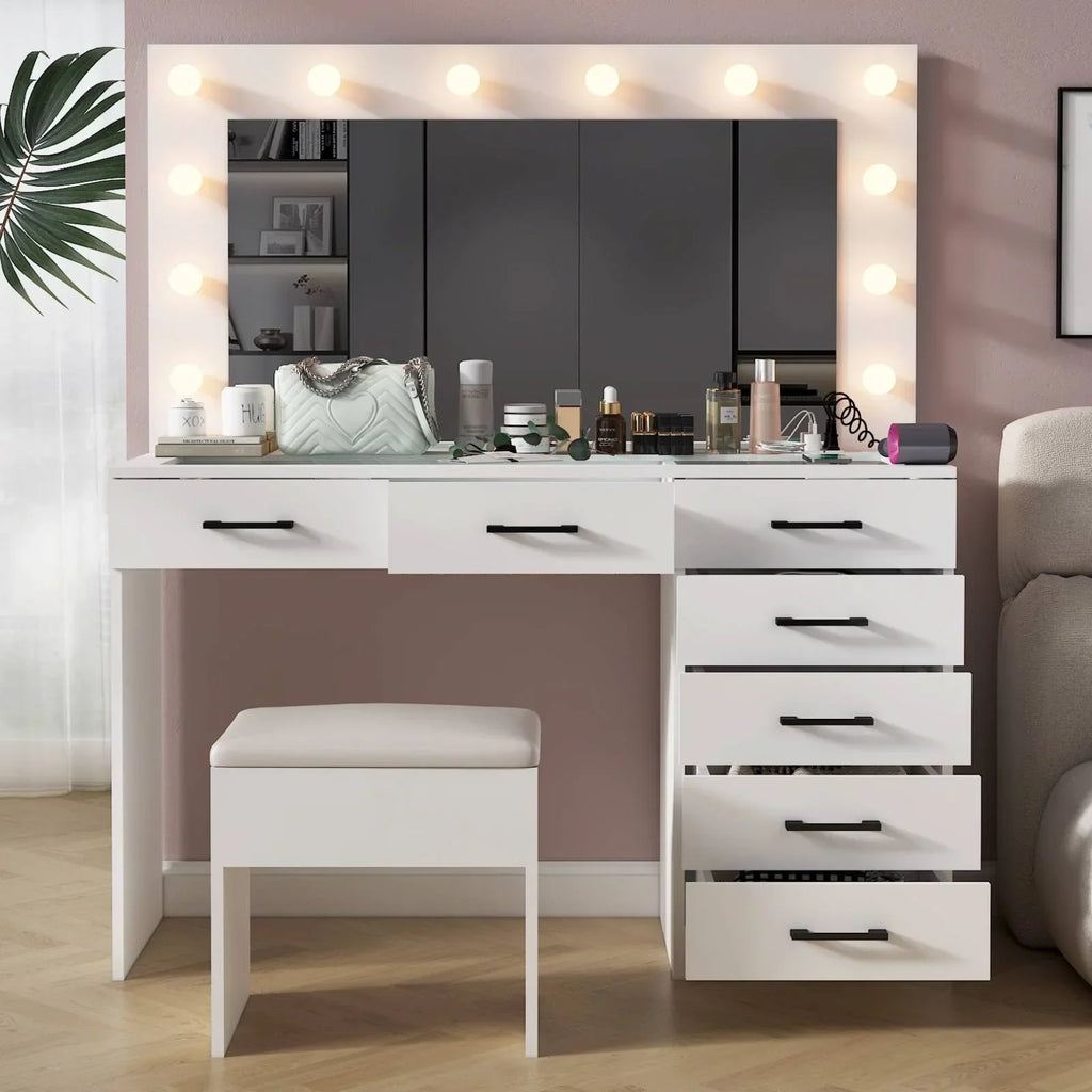 2026 NewKtaxon Large Makeup Vanity, Vanity Table Set w/ Visible Glass Top w/ Charging Station, White