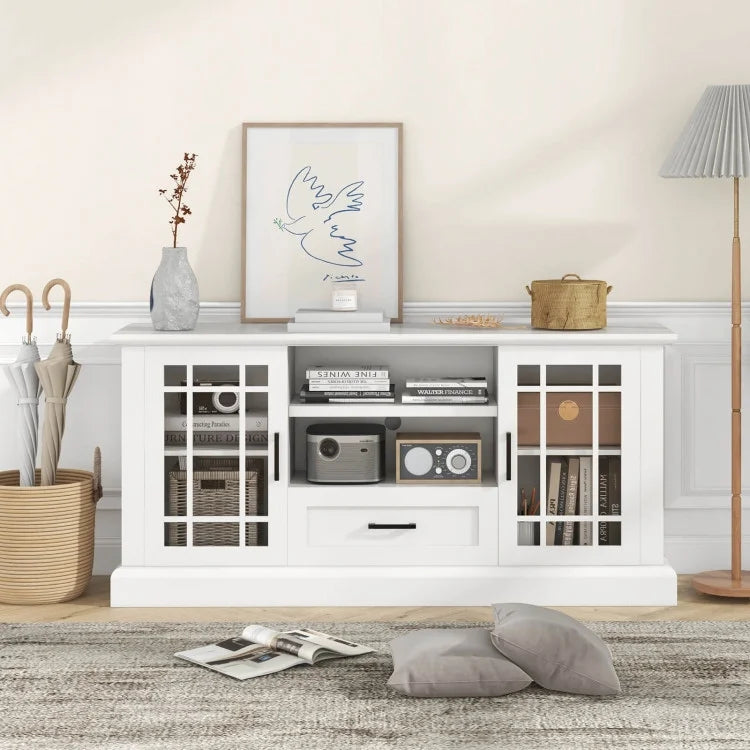 2026 NewTV Stand for TVs up to 70 with Glass Doors Cubbies and Drawer