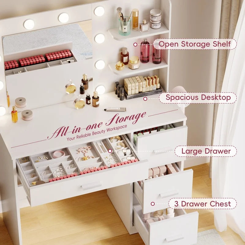 2026 NewLacoo Vanity Desk with Mirror and LED Lights, Makeup Vanity with 7 Drawers & 4 Shelves, Vanity Table with Power Outlet for Bedroom Dressing Room, White