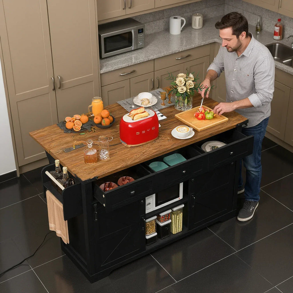 2026 NewHomy Casa Farmhouse 53.7" Kitchen Island with Storage Cabinet, Sliding Barn Doors, and Wheels, White Oak