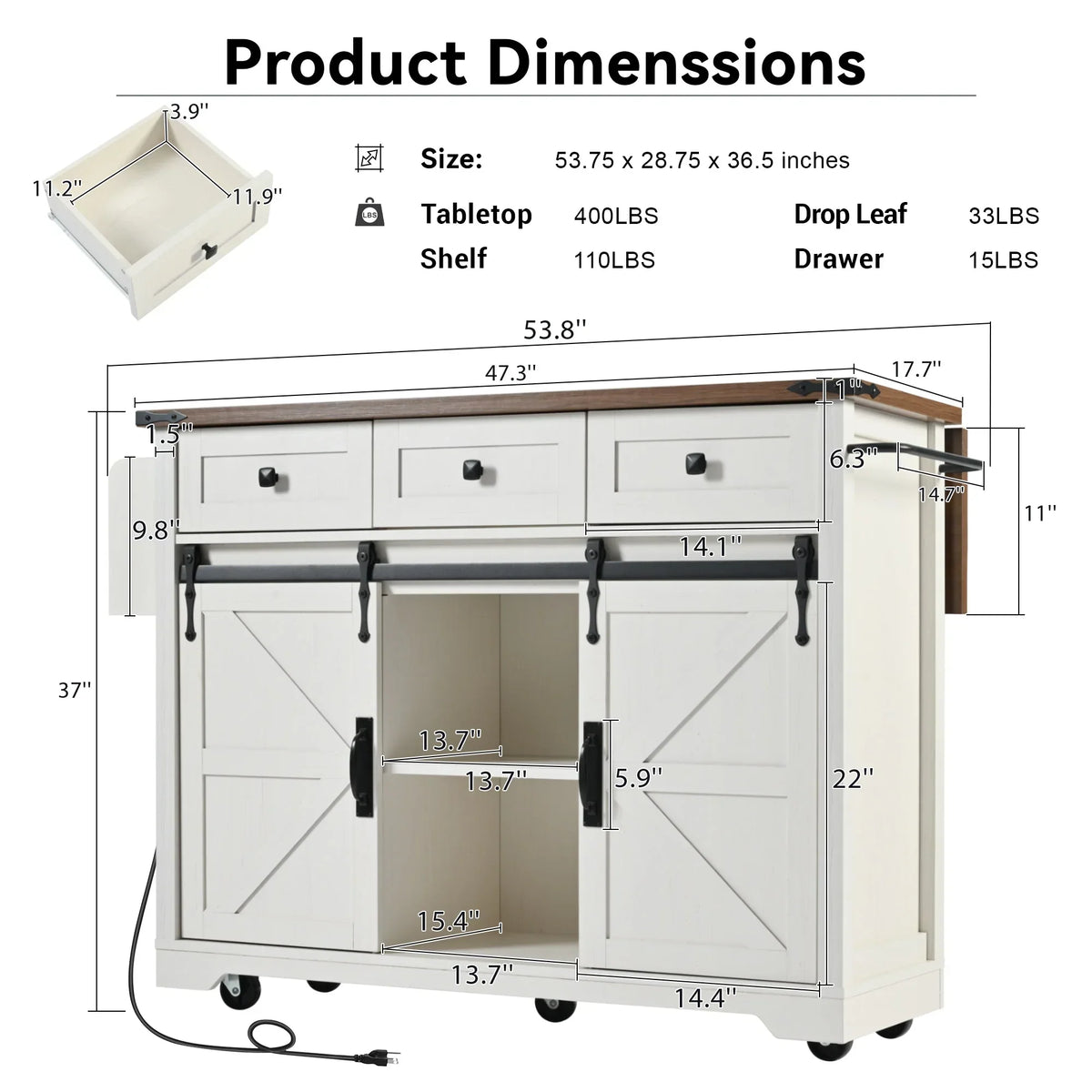 2026 NewHomy Casa Farmhouse 53.7" Kitchen Island with Storage Cabinet, Sliding Barn Doors, and Wheels, White Oak
