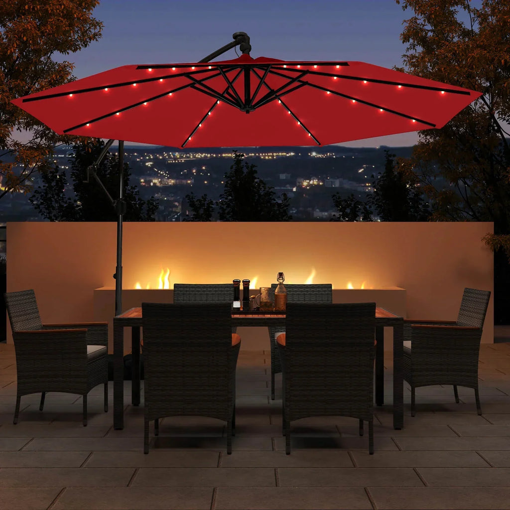 2026 NewCostway 10 FT Solar Offset Hanging Umbrella Patio Cantilever Umbrella with 32 LED Lights Brown