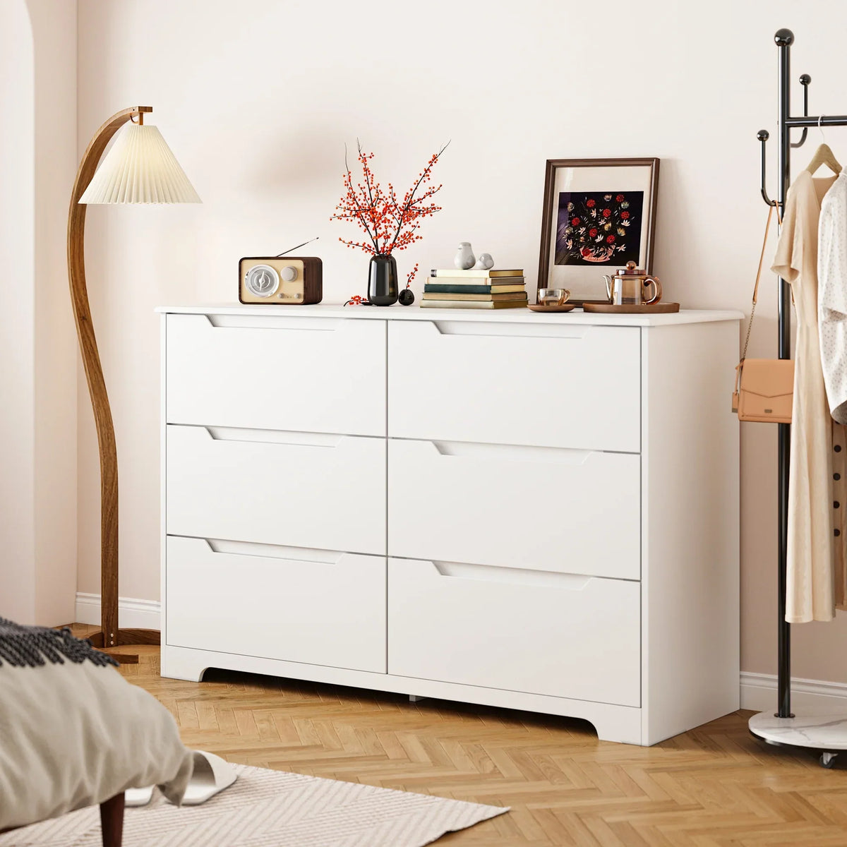 2026 NewDresser for Bedroom, Lofka 6 Drawer Double Dresser with Cutout Handles, Large Storage Capacity, Anti-Tip Safety, Modern Wood Chest of Drawers, Smooth Metal Rail, White
