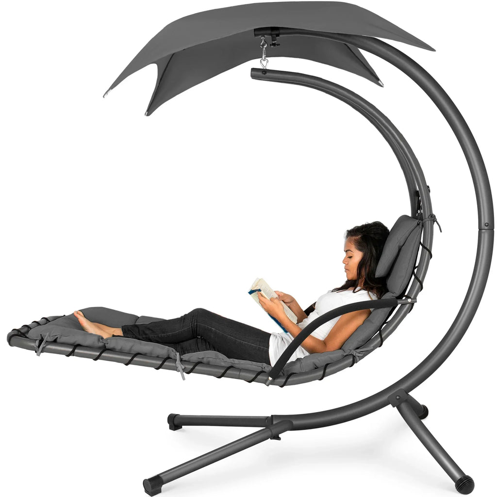 2026 NewBest Choice Products Hanging Curved Chaise Lounge Chair Swing for Backyard, Patio w/ Pillow, Shade, Stand - Teal