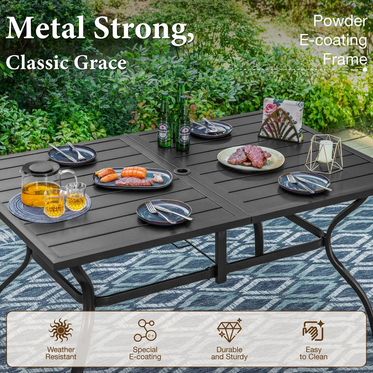2026 NewMF Studio 6-Person Outdoor Rectangular Metal Dining Table with Umbrella Hole, All-Weather Resistance Patio Table, Black