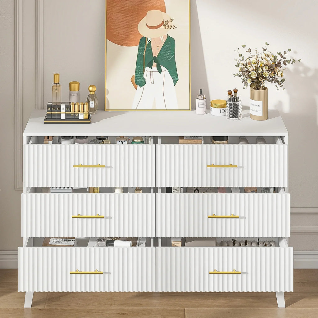 2026 NewFluted 6 Drawers Dresser, Wide Modern Chest of Drawers, 6 Drawer Double Dresser
