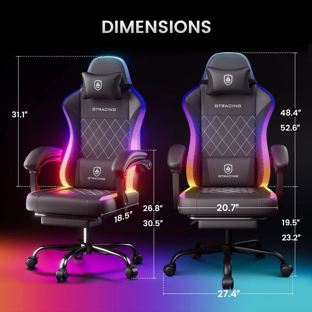 2026 NewGTRACING RGB Ergonomic Gaming Chair with Massage, LED Lights, Footrest, Lumbar Support and Backrest, Black