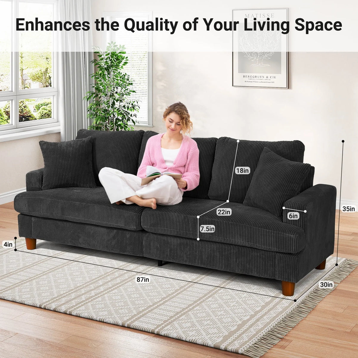 2026 New87" Corduroy Sofa,3 Seater Sofa with Extra Deep Seats,Neche Comfy Upholstered Couch for Living Room,2 Pillows,Green