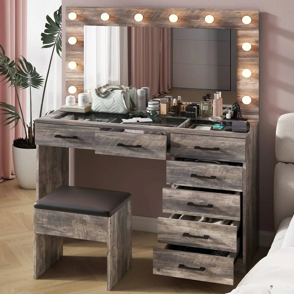 2026 NewKtaxon Large Makeup Vanity, Vanity Table Set w/ Visible Glass Top w/ Charging Station, White