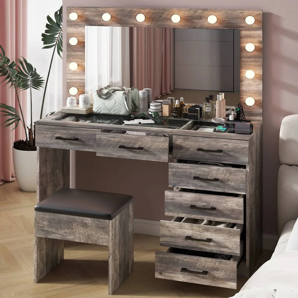 2026 NewKtaxon Large Makeup Vanity, Vanity Table Set w/ Visible Glass Top w/ Charging Station, White