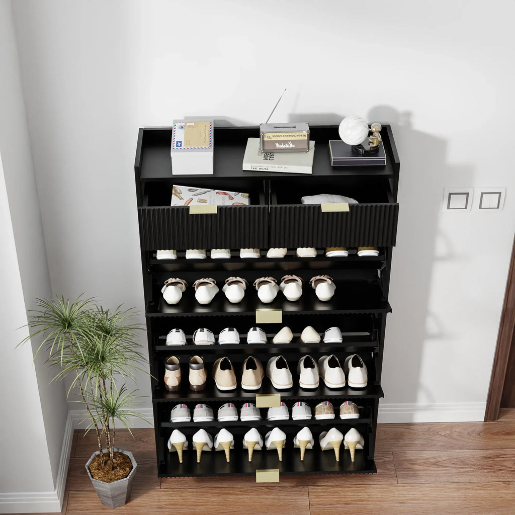 2026 NewShoe Cabinet, Free Standing Tipping Bucket Shoe Rack Organizer with 3 Flip Drawers, Modern Entryway Narrow Shoe Rack with 2 Drawers & Top Storage, for Hallway Bedroom, Walnut