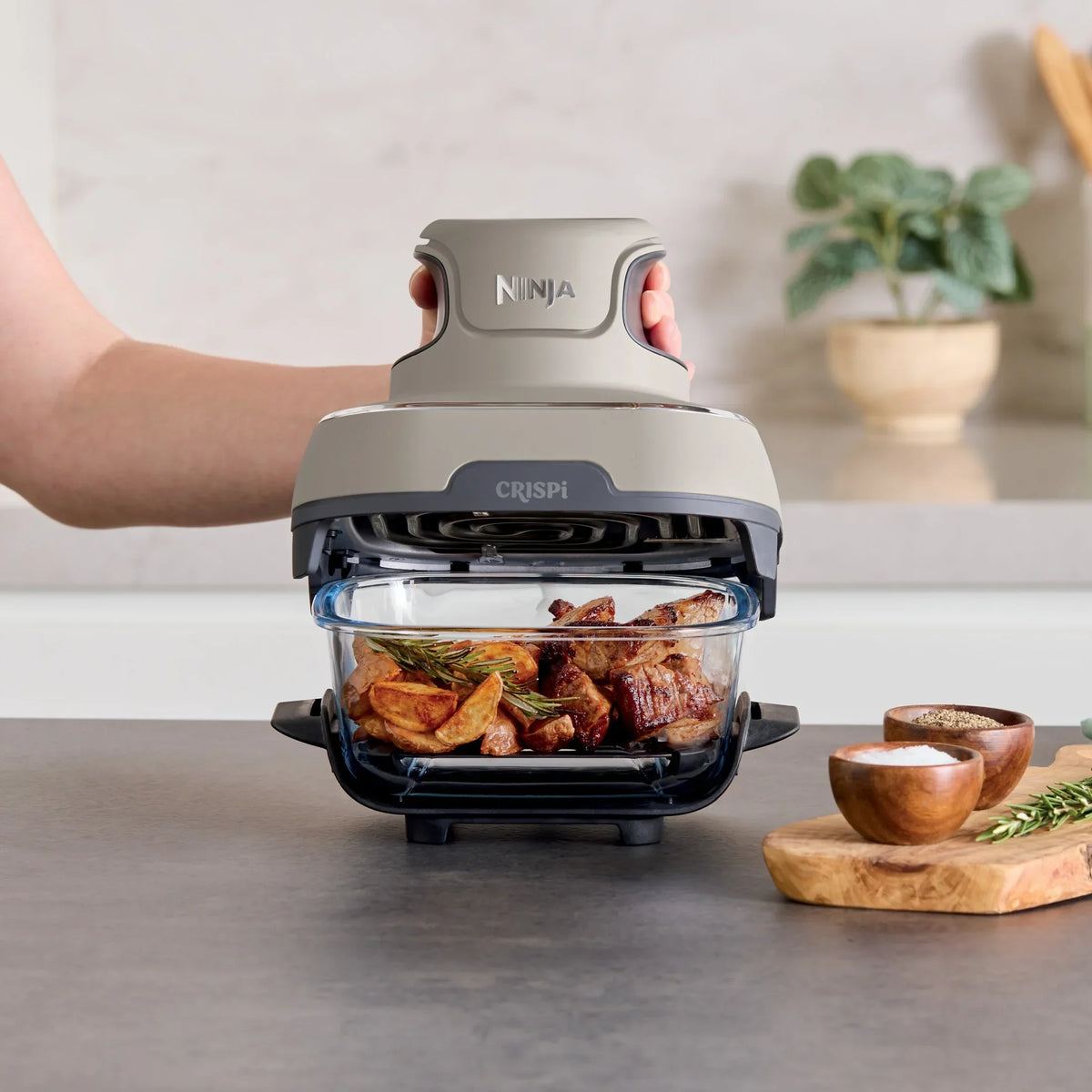 2026 NewNinja Crispi 4-in-1 Portable Glass Air Fryer Cooking System, 4-Qt & 6-Cup Containers, Cyberspace