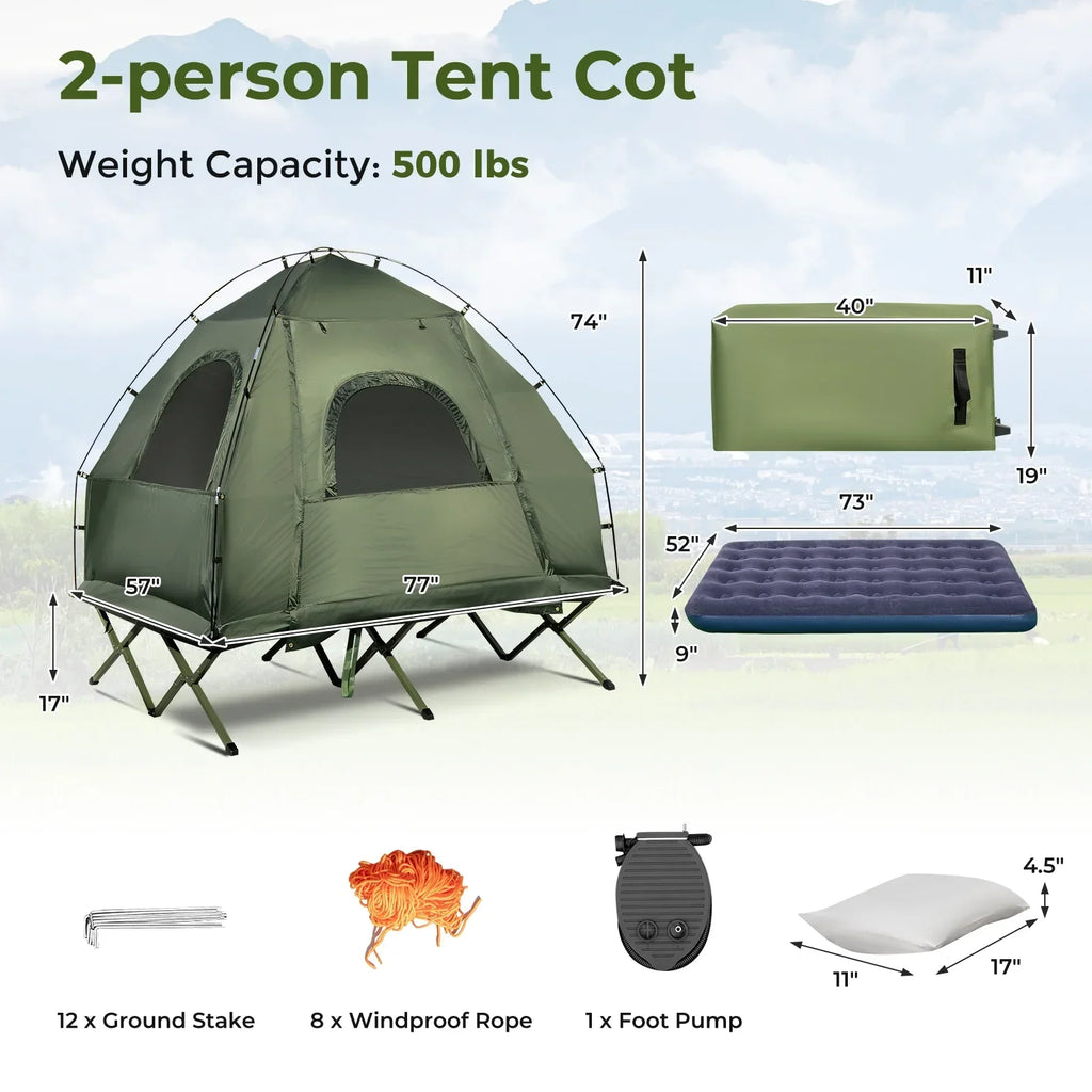 2026 NewPatiojoy Folding 2-Person Camping Tent Cot Portable Pop-Up Tent with Sleeping Bag&Air Mattress for Outdoor Activity
