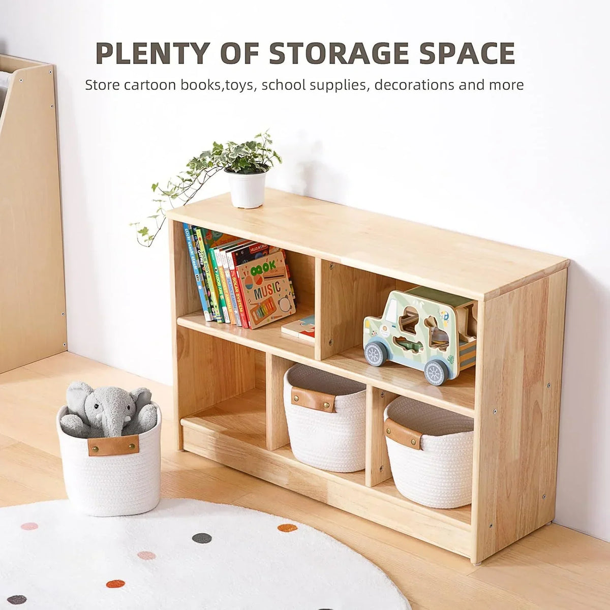 2026 NewRubber Wood 5-Compartment Montessori Shelf, 35.4" L Toddler Bookshelf, 2-Tier Wooden Storage Cabinet, Kids Classroom Organizer, Playroom, Daycare and Preschool Storage Shelves