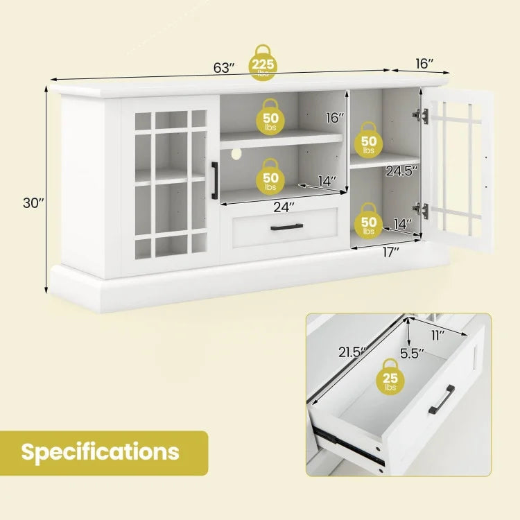 2026 NewTV Stand for TVs up to 70 with Glass Doors Cubbies and Drawer