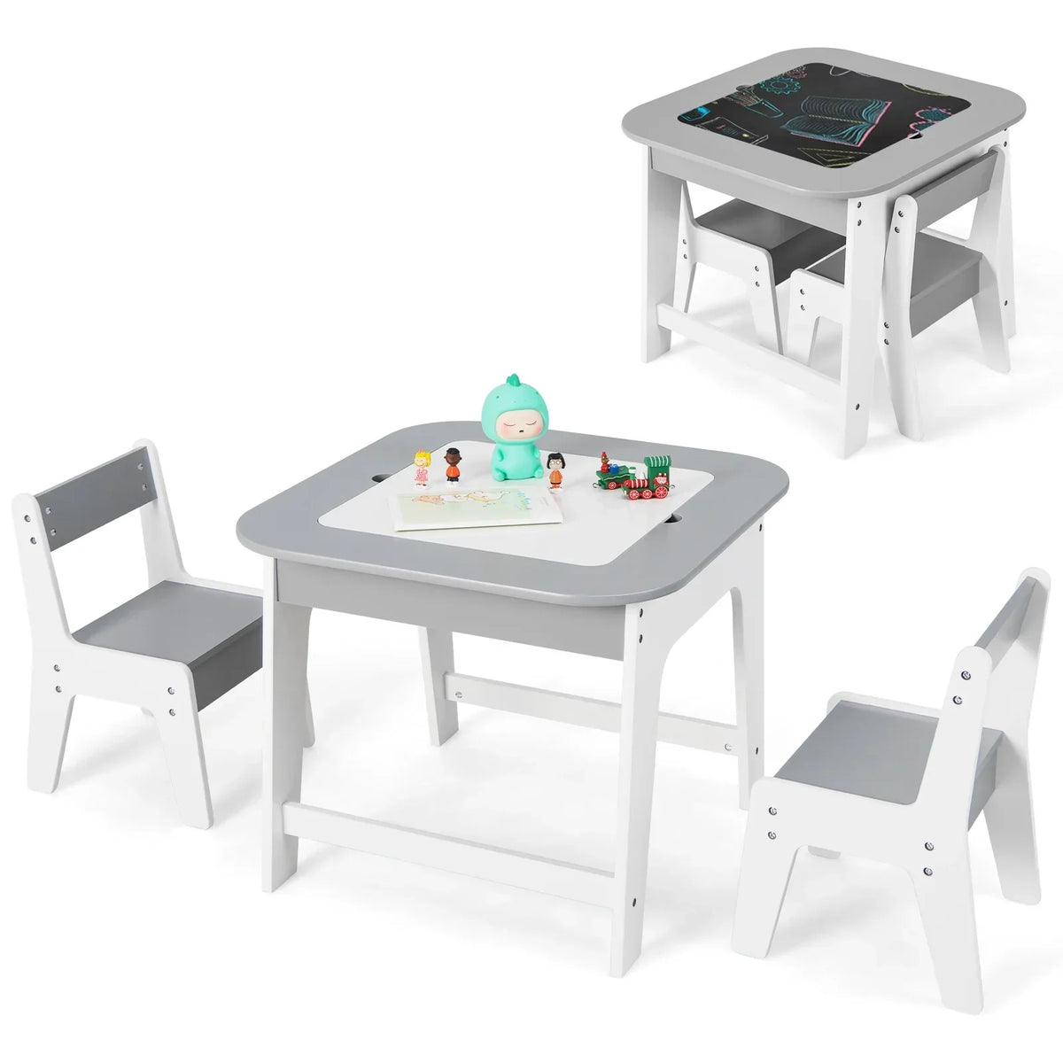 2026 NewOLAKIDS Kids Table and Chair Set, 3 in 1 Wooden Activity Table with Removable Tabletop, Blackboard and Whiteboard for Toddlers Arts Crafts Drawing Reading Playing, Playroom Nursery (Natural)