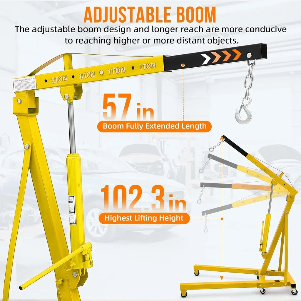 2026 NewJoanKaren 2 Ton Folding Hydraulic Engine Hoist,Heavy-Duty Engine Shop Crane Hoist Lift,Heavy Cherry Picker with 6 Wheels,Yellow