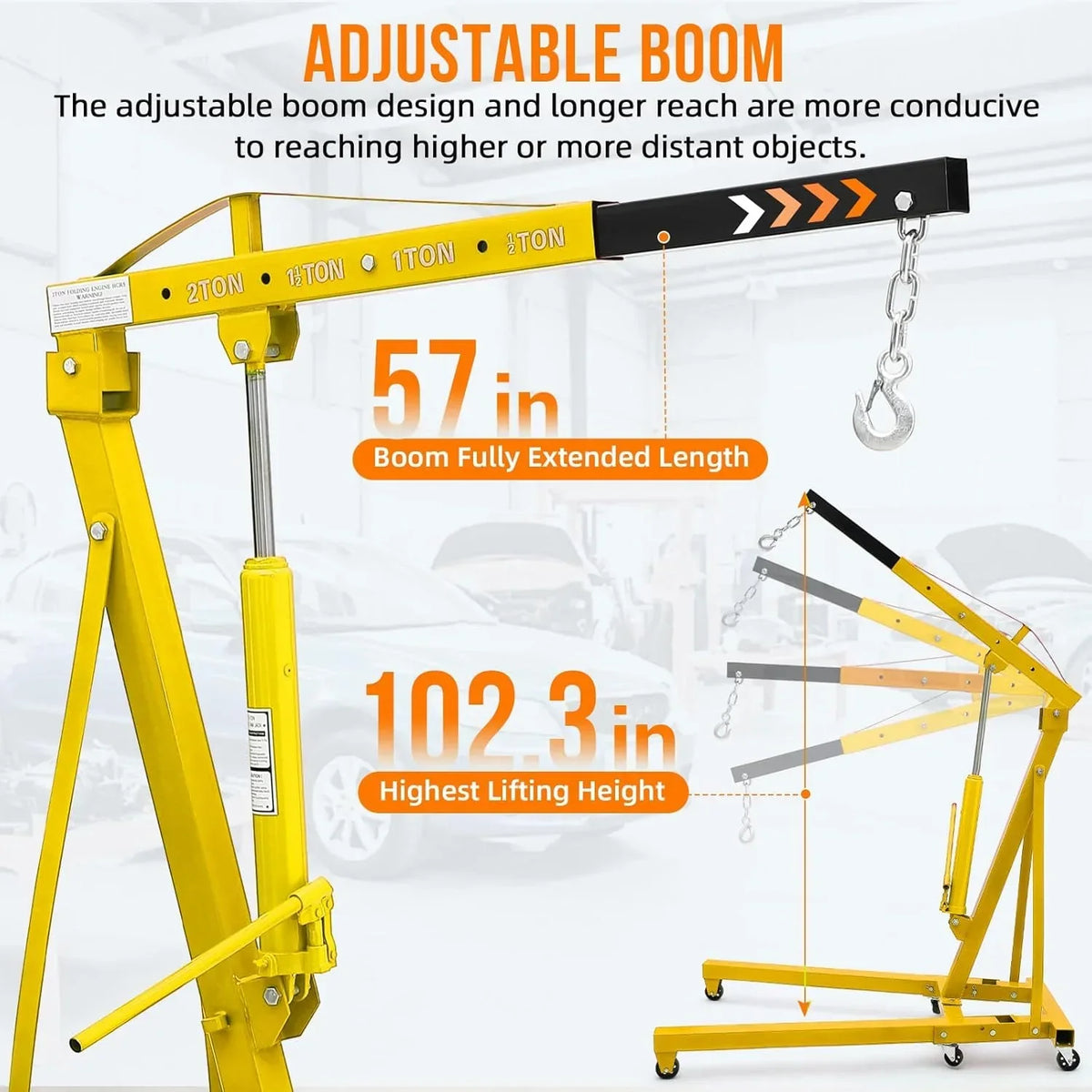 2026 NewJoanKaren 2 Ton Folding Hydraulic Engine Hoist,Heavy-Duty Engine Shop Crane Hoist Lift,Heavy Cherry Picker with 6 Wheels,Yellow