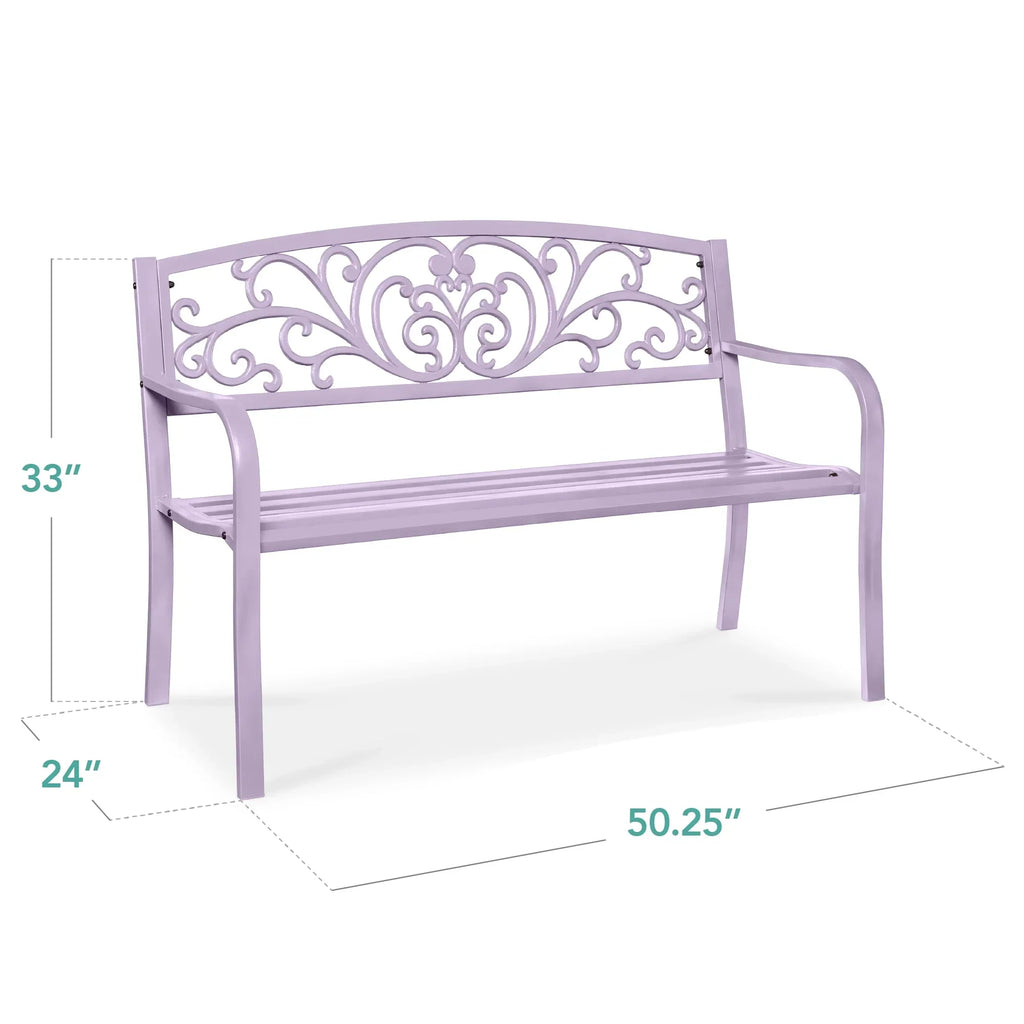 2026 NewBest Choice Products Outdoor Steel Bench Garden Patio Porch Furniture w/ Floral Design Backrest - Black