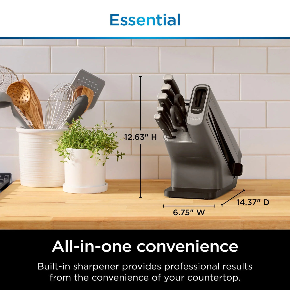 2026 NewNinja NeverDull 14-Piece Stainless Steel Essential Knife System with Built-in Sharpener, K12014 Black/Gray