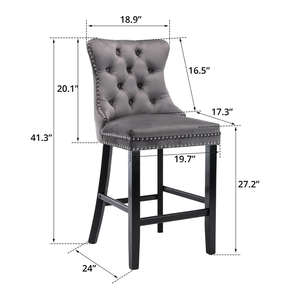 2026 NewVelvet Bar Stools Set of 2, Upholstered Counter Height Bar Chair with Rivet and Button Trim, Bar Stool with Back and Footrest, for Dining Room, Kitchen, Pub, Gray